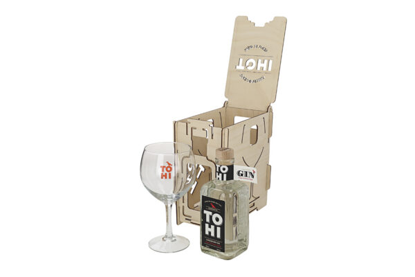 Tohi London Dry gin gift set with a glass